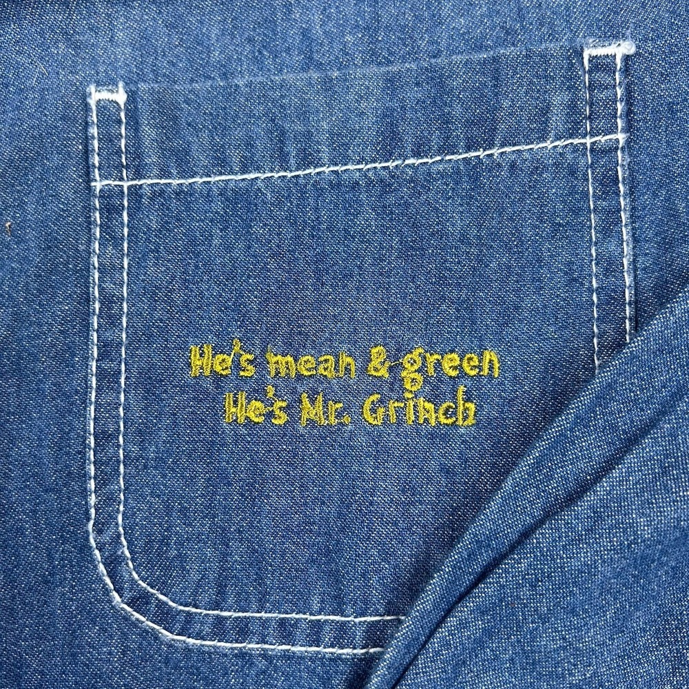 Vintage Dr. Seuss The Grinch Embroidered Denim Shirt Large Christmas Deadstock - Picture 4 of 11